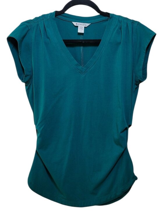 Athleta Tops - Athleta Outbound V Neck Tee Emerald Green Ruched Cap Sleeve Top Small Athleisure